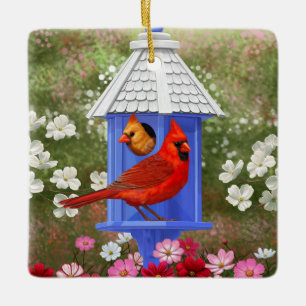 Red Cardinals Bird House Flower Garden Ceramic Ornament