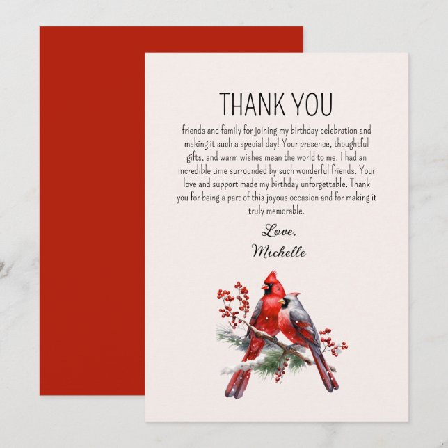 Red Cardinals Birds Women's Birthday Thank You Card (Front/Back)