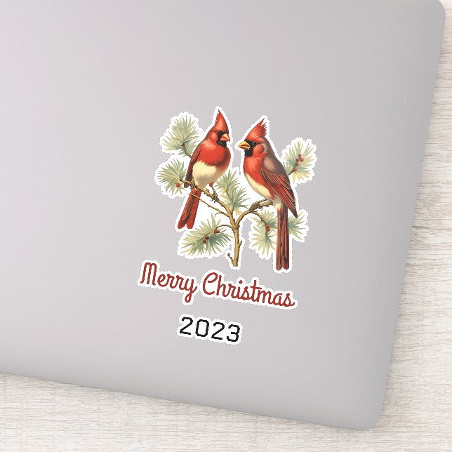 Red Cardinals Couple Merry Christmas Holiday (Detail)