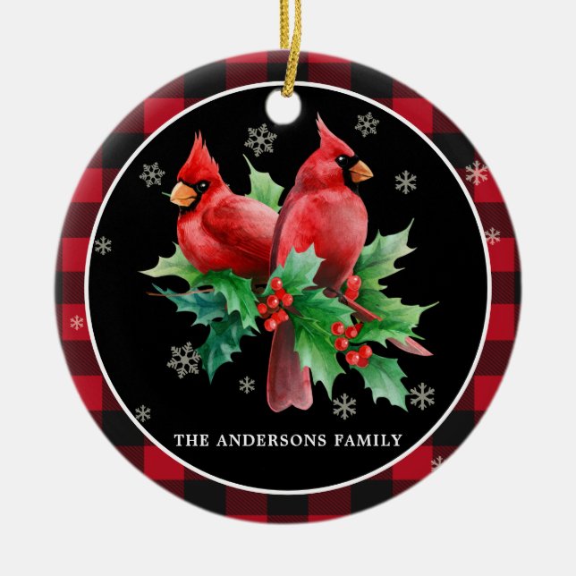 Red Cardinals Holly Berries Personalised Christmas Ceramic Ornament (Front)