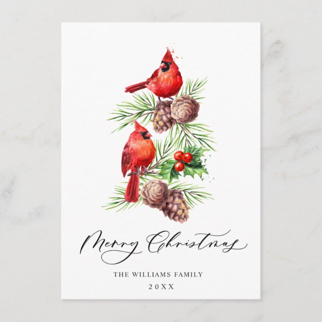 Red Cardinals Holly Berry Christmas Greeting Holiday Card (Front)