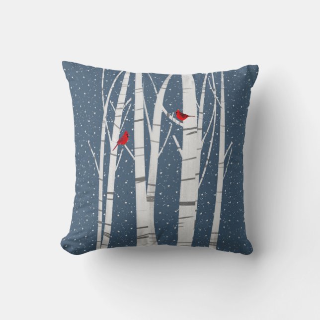 Red Cardinals In Winter Birch Tree Cushion (Front)