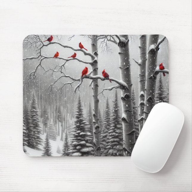 Red Cardinals In Winter Forest Mouse Pad (With Mouse)