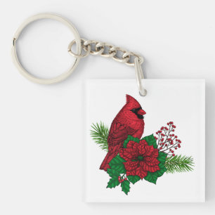Red Cardinals on Christmas decoration Key Ring