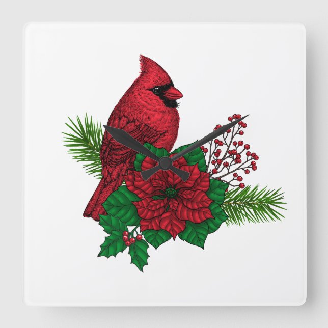 Red Cardinals on Christmas decoration Square Wall Clock (Front)