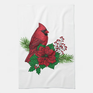 Red Cardinals on Christmas decoration Tea Towel