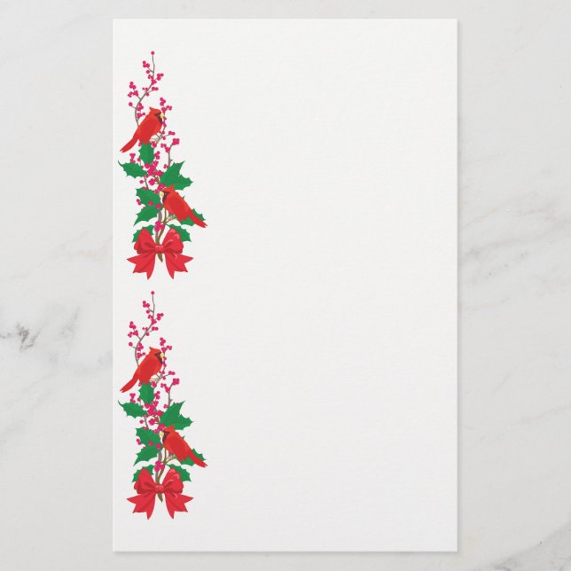 Red Cardinals on Holly Christmas Border Stationery (Front)