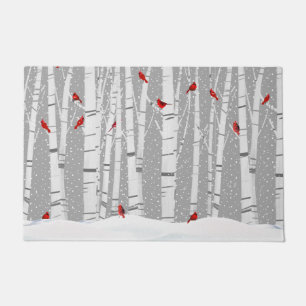 Red Cardinals On White Birch Doormat