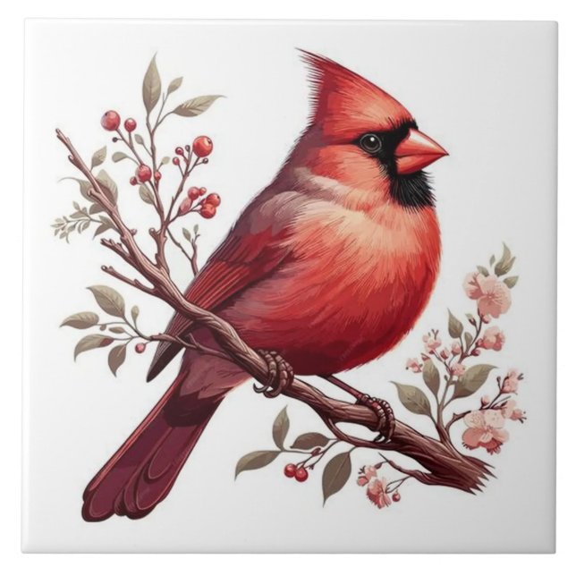 Red cardinals perched on branch ceramic tile (Front)