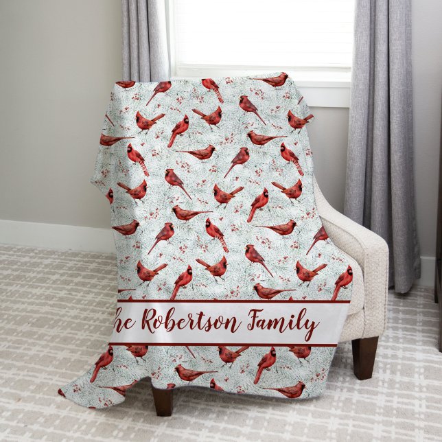 Red Cardinals Snowy Pine Christmas Family Name Fleece Blanket (Creator Uploaded)