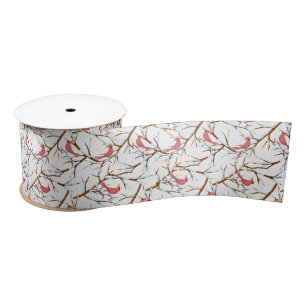 Red Cardinals Snowy Tree Pattern Christmas Ribbon Satin Ribbon
