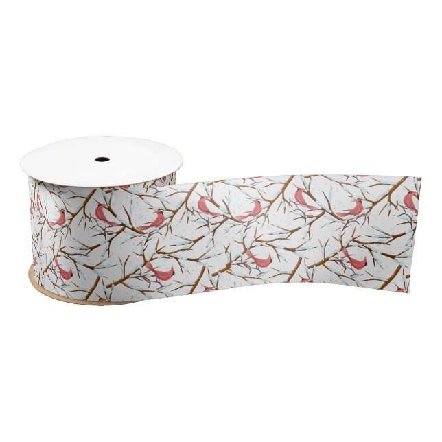 Red Cardinals Snowy Tree Pattern Christmas Ribbon Satin Ribbon (Spool)