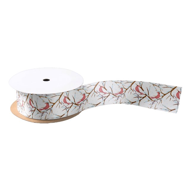 Red Cardinals Snowy Tree Pattern Christmas Ribbon Satin Ribbon (Spool)