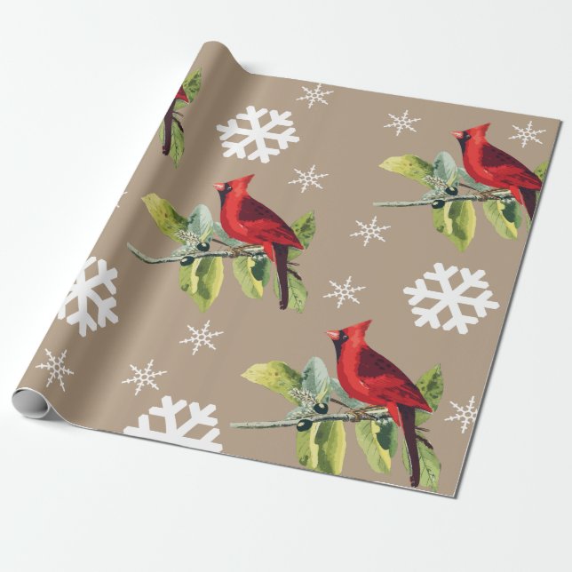 Red Cardinals Winter Snowflakes Wrapping Paper (Unrolled)