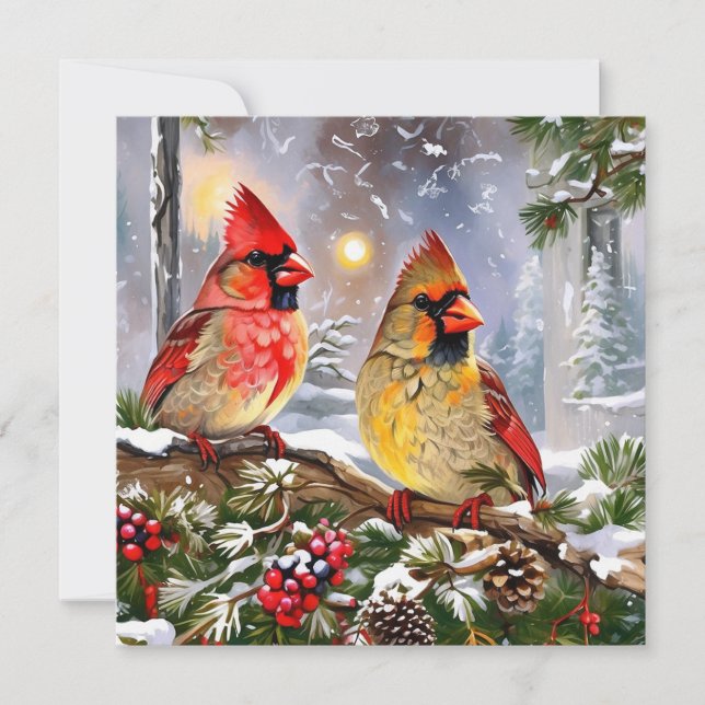Red Cardinals with Berries, Pinecones Winter  Holiday Card (Front)