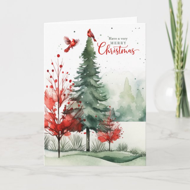 Red Cardinals Woodland Forest Merry Christmas Holiday Card (Front)