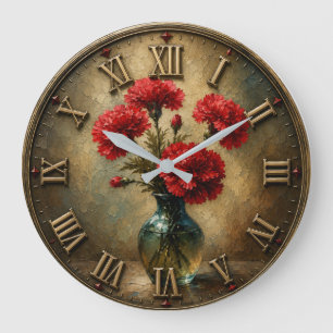 Red Carnation Bouquet Vintage Floral Vase Art Large Clock