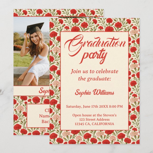 Red Carnation Flowers Graduation Invitation (Front/Back)