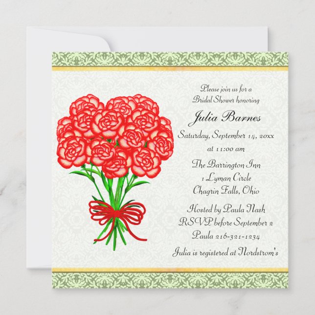 Red Carnations Garden Bouquet Bridal Shower Invite (Front)
