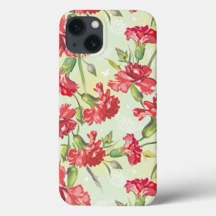 Red Carnations on green with butterflies iPhone 13 Case