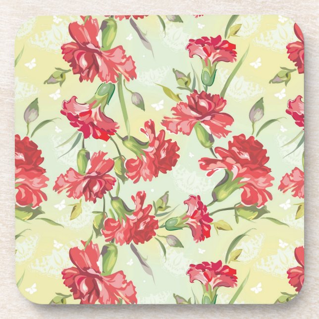 Red Carnations on green with butterflies Coaster (Front)