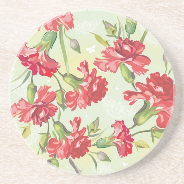 Red Carnations on green with butterflies Coaster (Front)