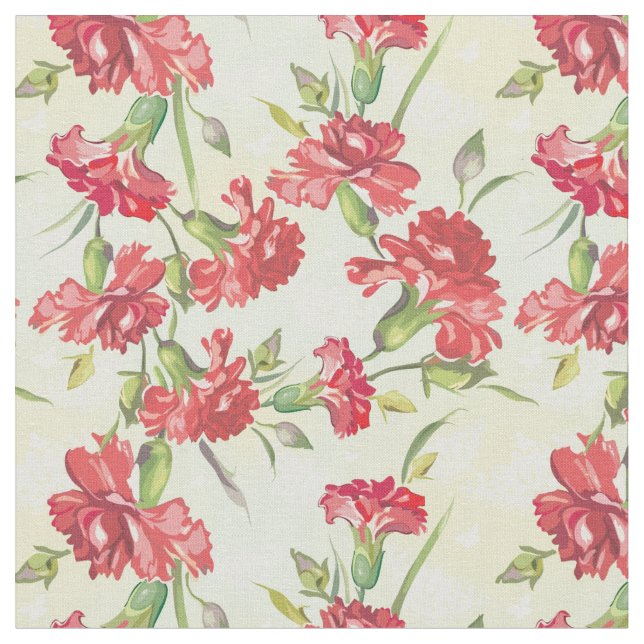 Red Carnations on green with butterflies Fabric (Close Up)
