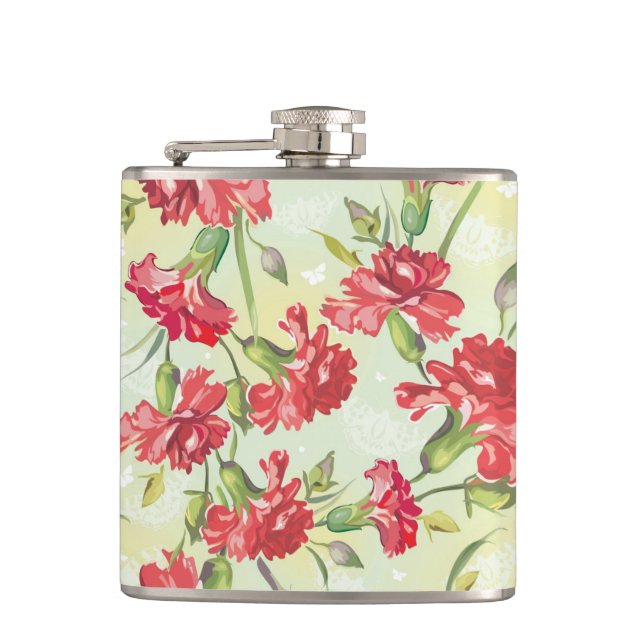 Red Carnations on green with butterflies Hip Flask (Front)