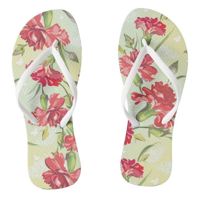 Red Carnations on green with butterflies Thongs (Footbed)