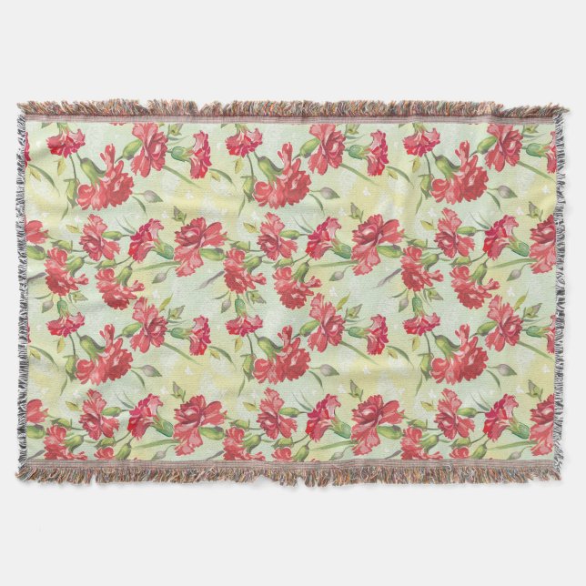 Red Carnations on green with butterflies Throw Blanket (Front)