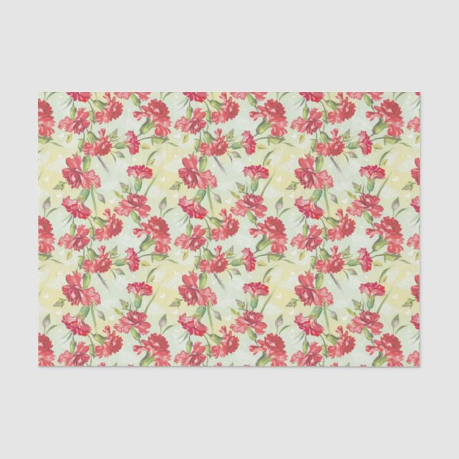 Red Carnations on green with butterflies Tissue Paper (Front)