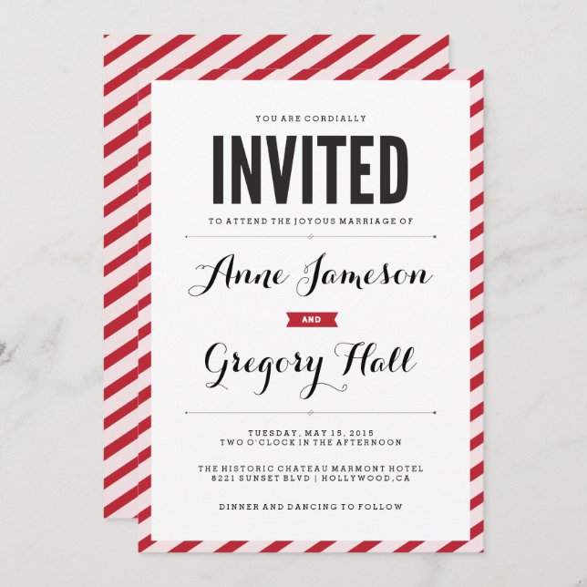 Red Carnival Stripes Modern Wedding Invitation (Front/Back)