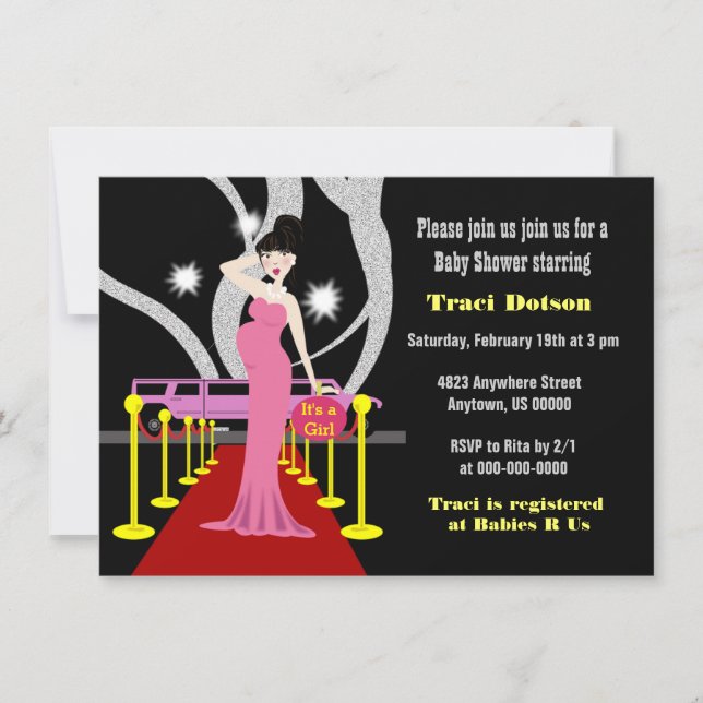 Red carpet Hollywood Baby Shower Invitation girl (Front)