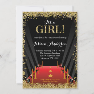 Red Carpet Hollywood Faux Glitter Girl Baby Shower Invitation