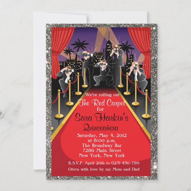 Red Carpet Hollywood Glitter Quinceañera Invite (Front)