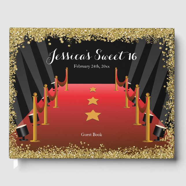Red Carpet Hollywood Glitter Sweet 16 Guest Book (Front)