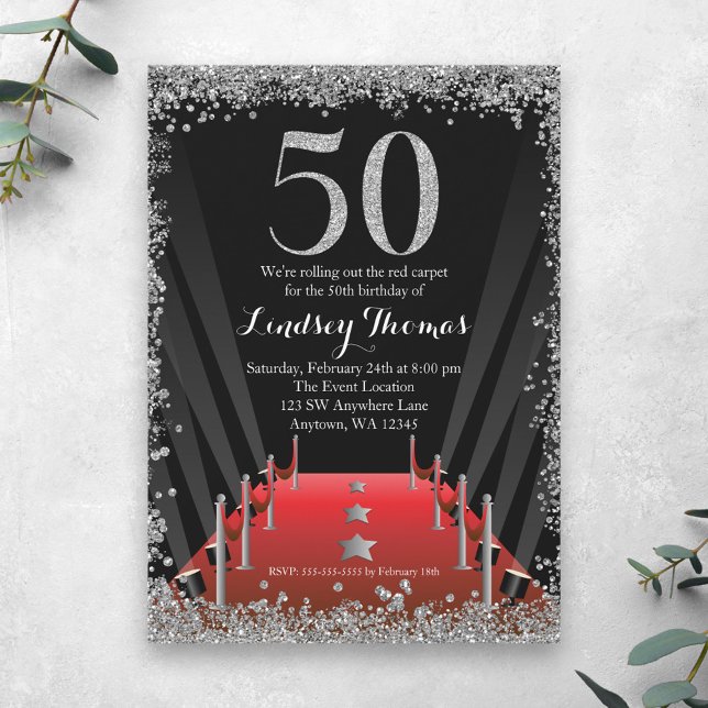 Red Carpet Hollywood Silver Glitter 50th Birthday Invitation (Creator Uploaded)