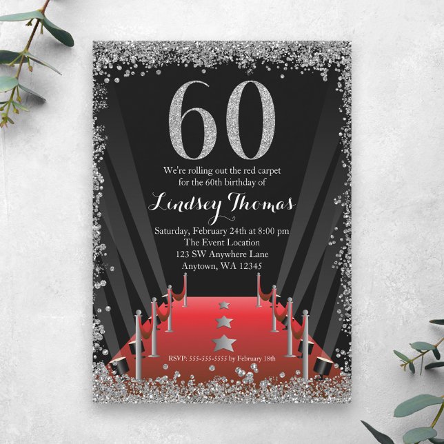 Red Carpet Hollywood Silver Glitter 60th Birthday Invitation (Creator Uploaded)