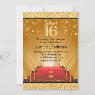 Red Carpet Hollywood Star Gold Sweet 16 Birthday Invitation