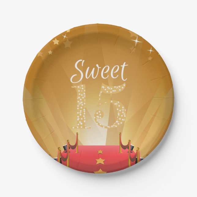 Red Carpet Hollywood Star Sweet 15 Birthday Paper Plate (Front)