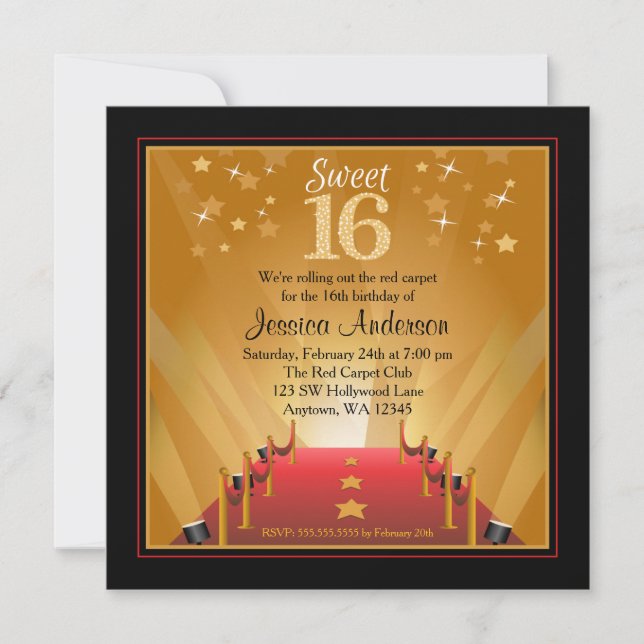 Red Carpet Hollywood Star Sweet 16 Birthday Invitation (Front)