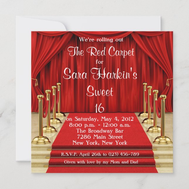 Red Carpet Hollywood Sweet 16 Birthday  Invite (Front)