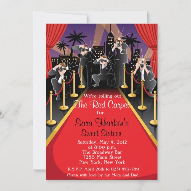 Red Carpet Hollywood Sweet 16 Birthday  Invite (Front)