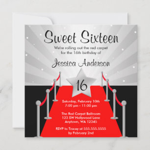 Red Carpet Silver Hollywood Sweet 16 Birthday Invitation