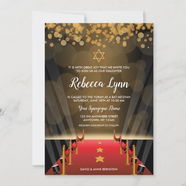 Red Carpet Star Hollywood Bat Mitzvah Invitations (Front)