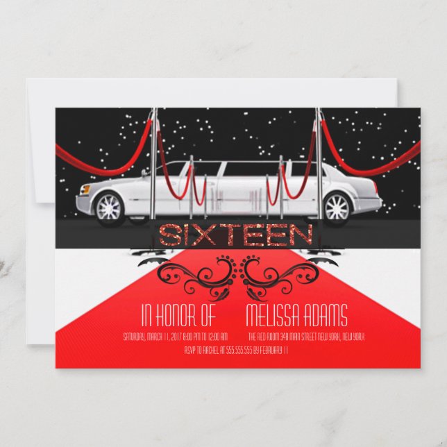 Red Carpet Sweet 16 Party Invitations (Front)