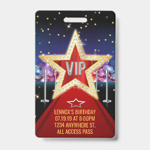 Red Carpet VIP Pass Birthday Badge Invitation ID Badge