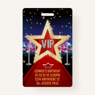 Red Carpet VIP Pass Birthday Badge Invitation ID Badge