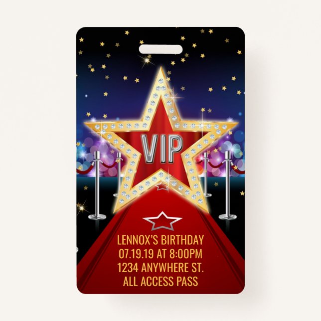 Red Carpet VIP Pass Birthday Badge Invitation ID Badge (Front)