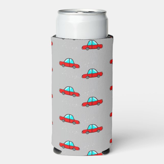 Red cars on grey seltzer can cooler (Seltzer Front)